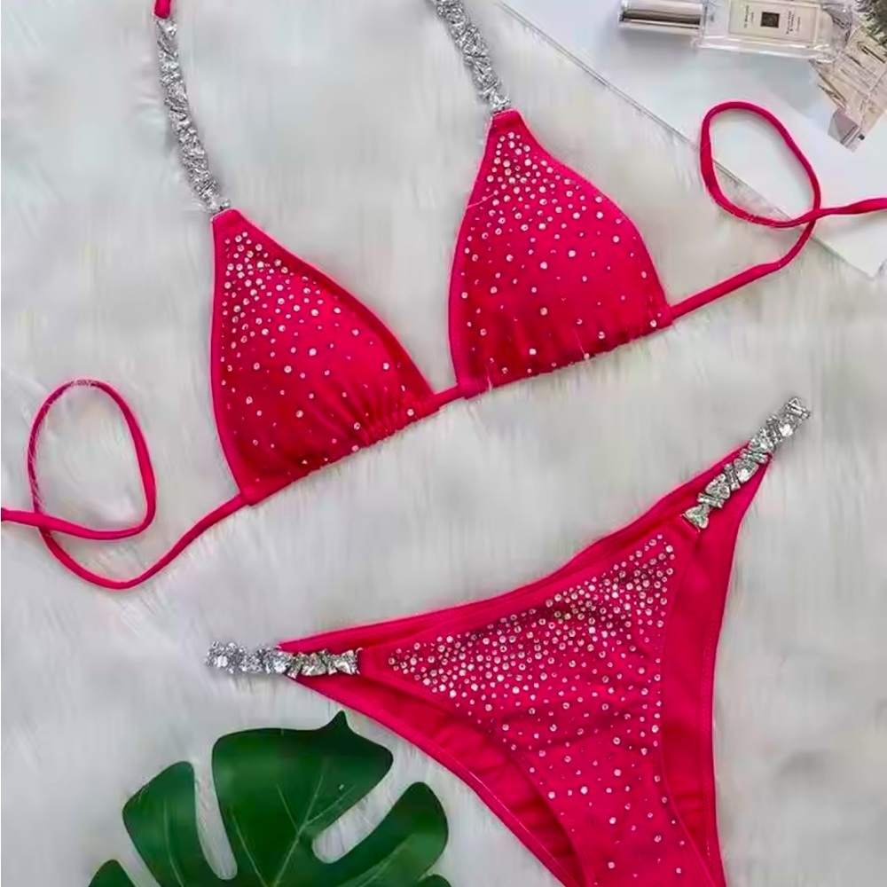 Rose Red Rhinestone Glamorous Bikini Set Sexy Swimwear Push Up Bikini Top